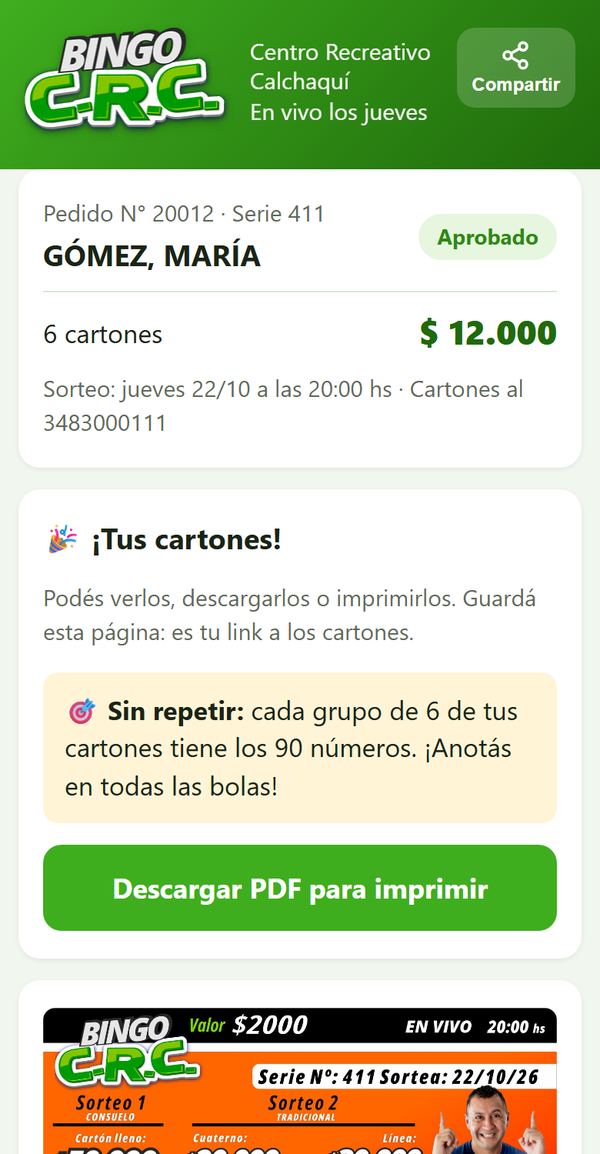 Ejemplo: la página de tus cartones
